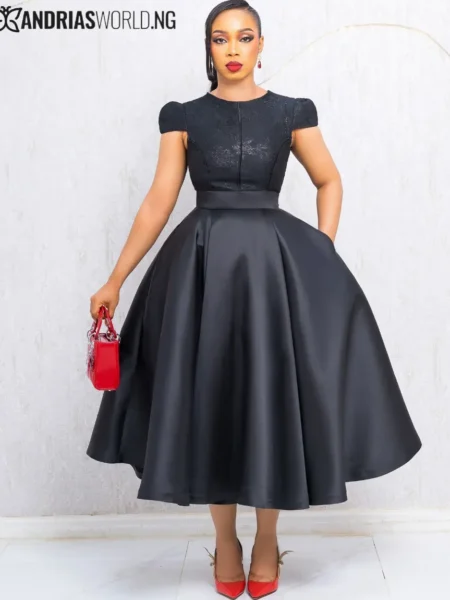 Black mikado skater dress with damask details