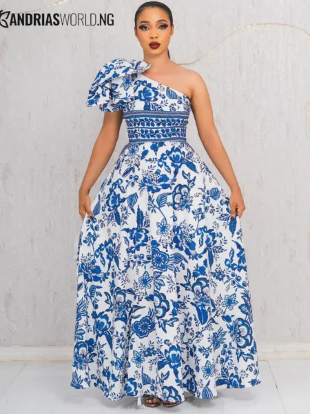 Blue and white print maxi dress