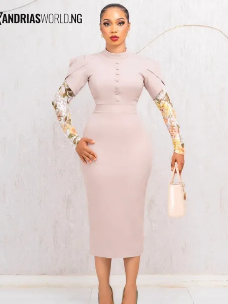 Nude midi dress with floral lace sleeves