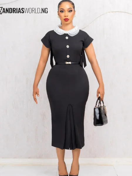 Black and white belted midi dress