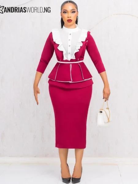 Wine and white peplum top and skirt set