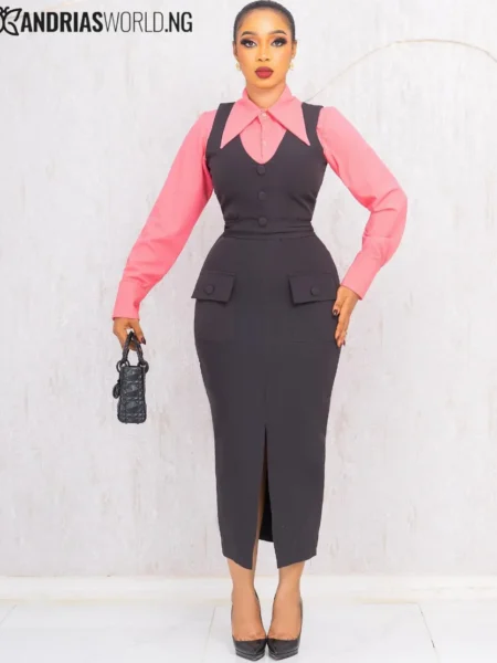 Dark grey pinafore dress with pink shirt