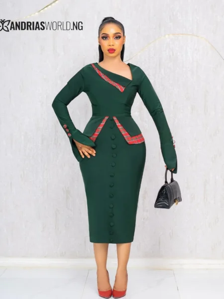 Green button dress with red check details