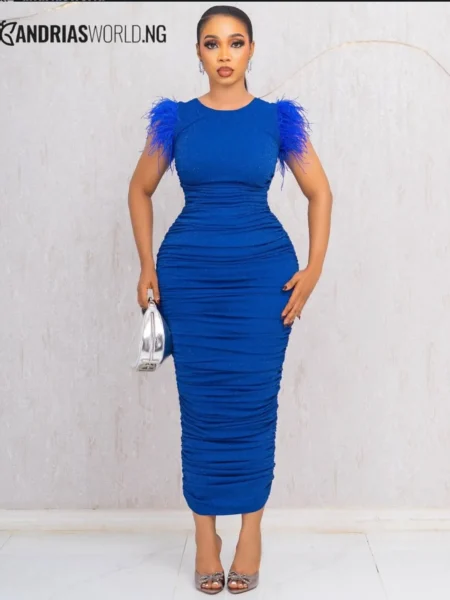 Blue ruched dress with feathers