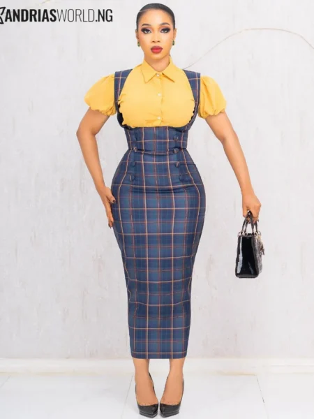 Blue check pinafore with yellow shirt