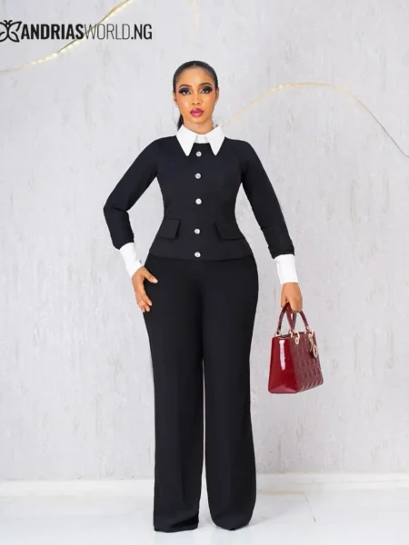 Black trouser set with white collar