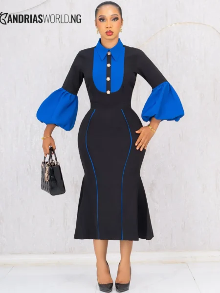 Black and blue fishtail dress with puffy sleeves