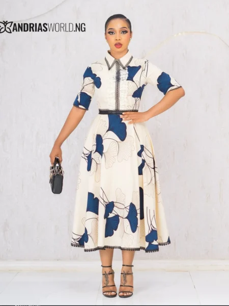 Cream and blue floral flare dress