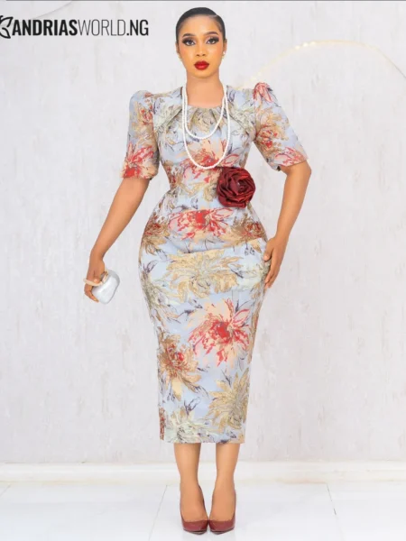 Multicolor floral damask dress with red rose