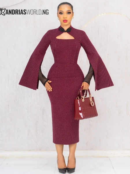 Wine check midi dress with mesh sleeves