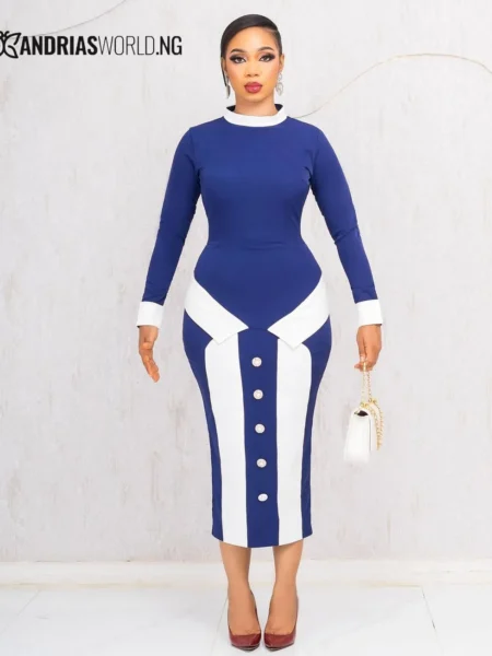 Navy blue and white button midi dress