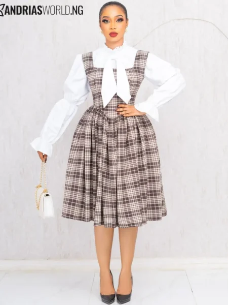 pinafore tweed with white ruffle shirt