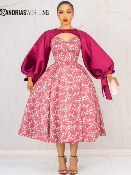 Peach damask dress with detachable mikado Cape