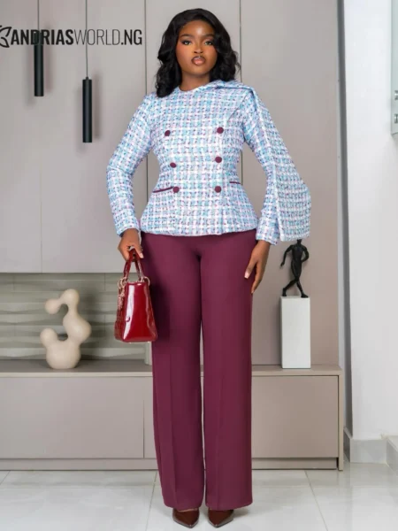 Multicolored Tweed Top and Burgundy Trouser