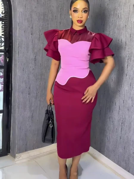 Wine and pink ruffle sleeves dress