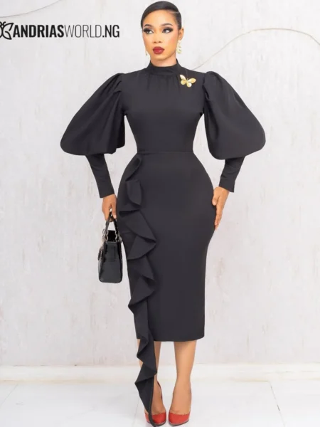 Black midi dress with side frills