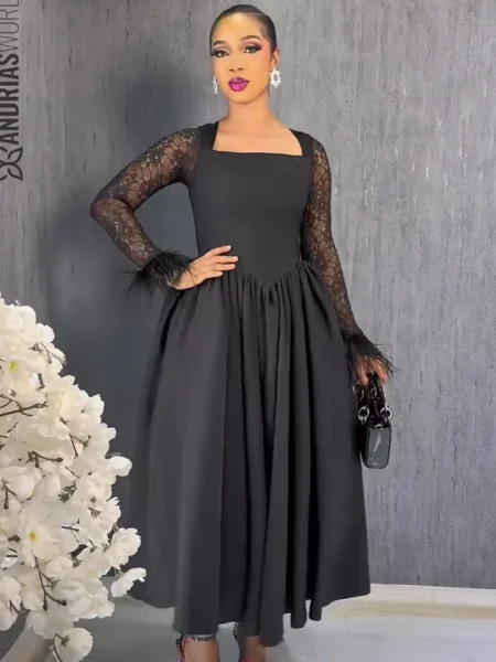 Black skater dress with lace sleeves