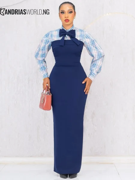 Navy blue maxi dress with check long sleeves shirt