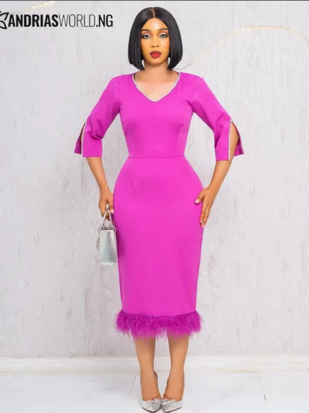 Pink v-neck dress with feathers