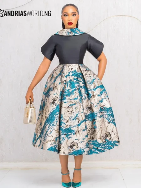 Teal and gold damask mikado skater dress