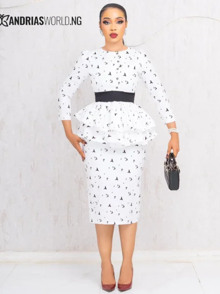 White and black pattern peplum top and skirt set