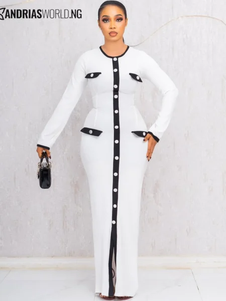 White and black ribbed maxi button down dress