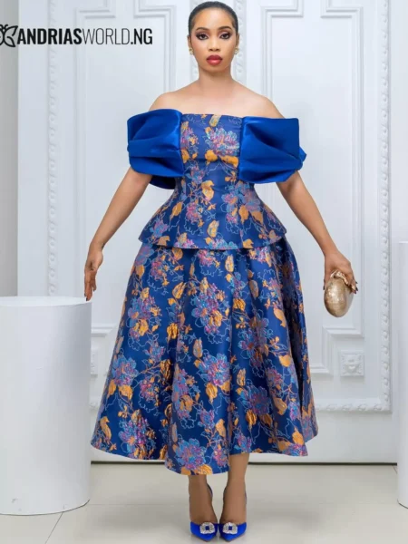 Blue Brocade Skirt set with Structured Off-Shoulder Sleeve