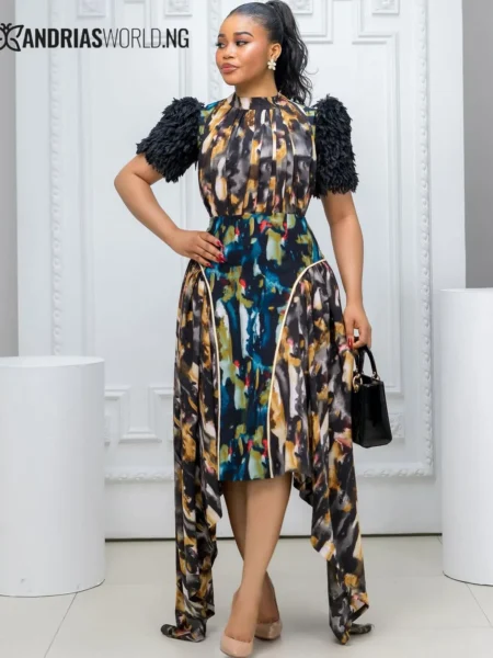 Multicolored Midi Dress with Feather Sleeves