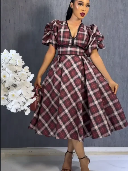 Wine check skater dress with puffy sleeves