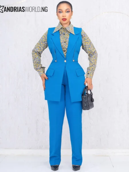Blue three piece trouser set with floral top