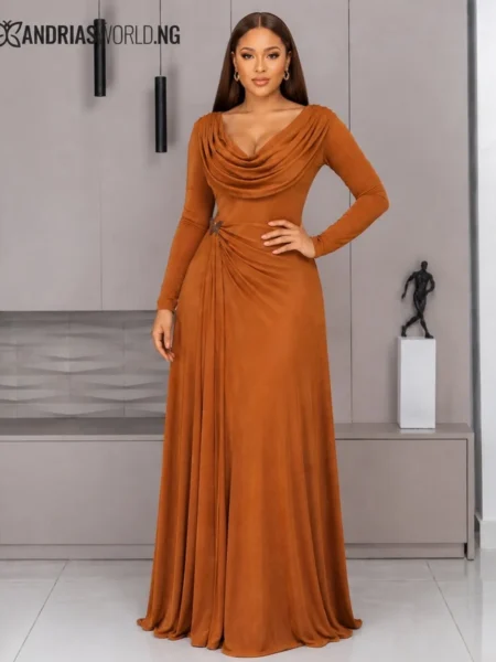 (PRE-ORD) Copper Brown Ruched Cowl-neck Maxi Dress