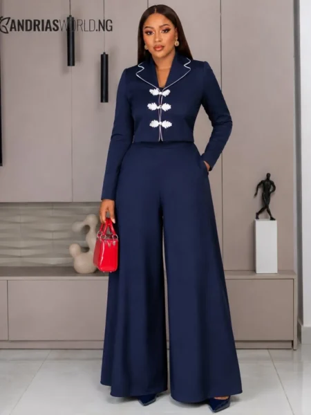(PRE-ORD)Navy Blue Cropped Jacket & Palazzo Trousers Two-Piece Set