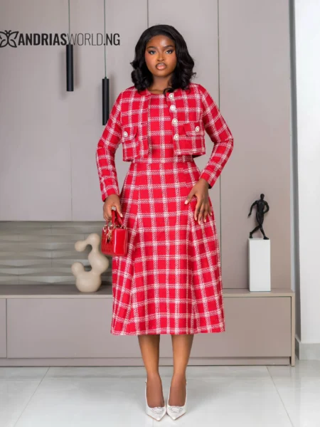 Cherry Red and White Plaid Check Dress with Jacket