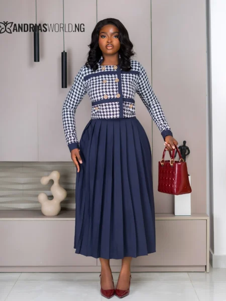 Navy Blue and White Houndstooth Top with Pleted Midi Skirt