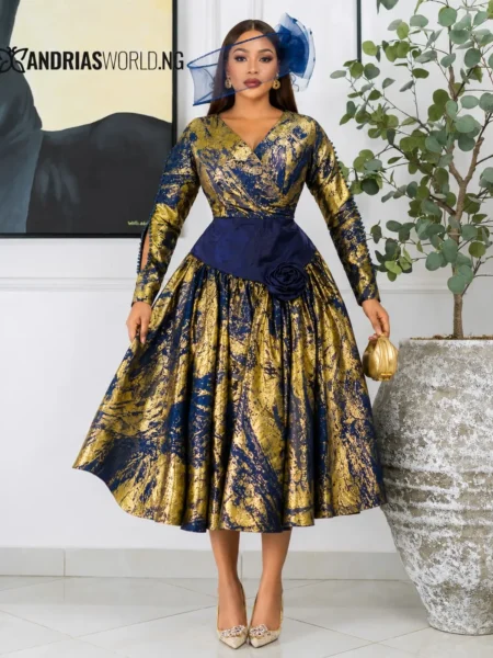 (PRE-ORD) Gold and Blue Damask Skater Dress