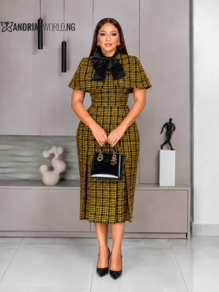 (PRE-ORD) Yellow and Black Midi Dress with Detachable Cape