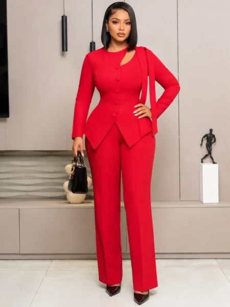 (PRE-ORD) Red Peplum Trouser Set