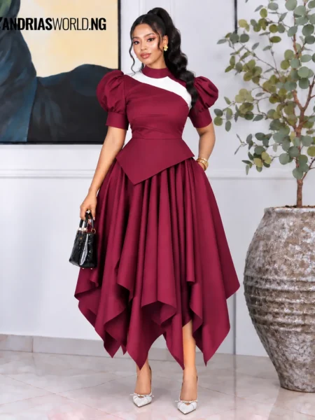 Burgundy puffy sleeve peplum skirt set (PRE-ORD)