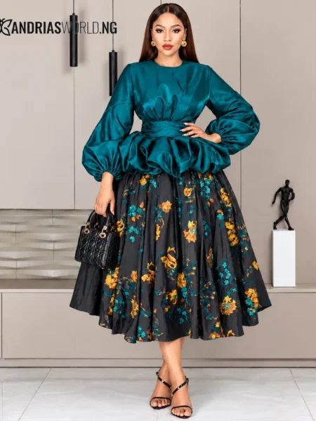 (PRE-ORD) Deep Teal Peplum Ruffled Top and Floral Skater Skirt
