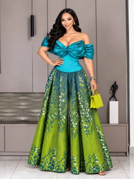 Teal Corset Top and Multicolored Palazzo Trouser (PRE-ORD)