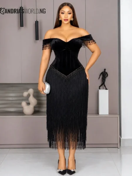 (PRE-ORD) Black off-shoulder Beaded Corset with Fringe Skirt