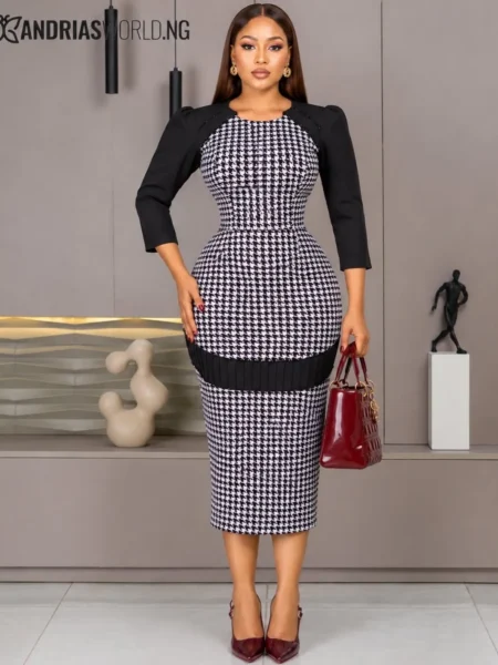 (PRE-ORD) Black and White Houndstooth Midi Dress