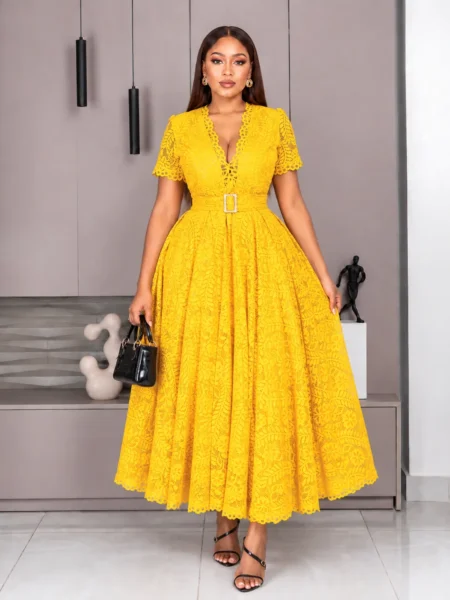 (PRE-ORD)Mustard yellow Lace dress with Belt