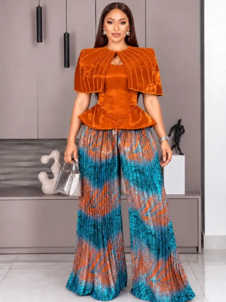 (PRE-ORD) Orange Corset Top and Damask 3 Piece Trouser set
