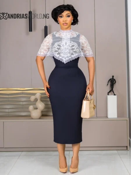 (PRE-ORD) Navy blue Midi Dress with Detachable White Lace Cape